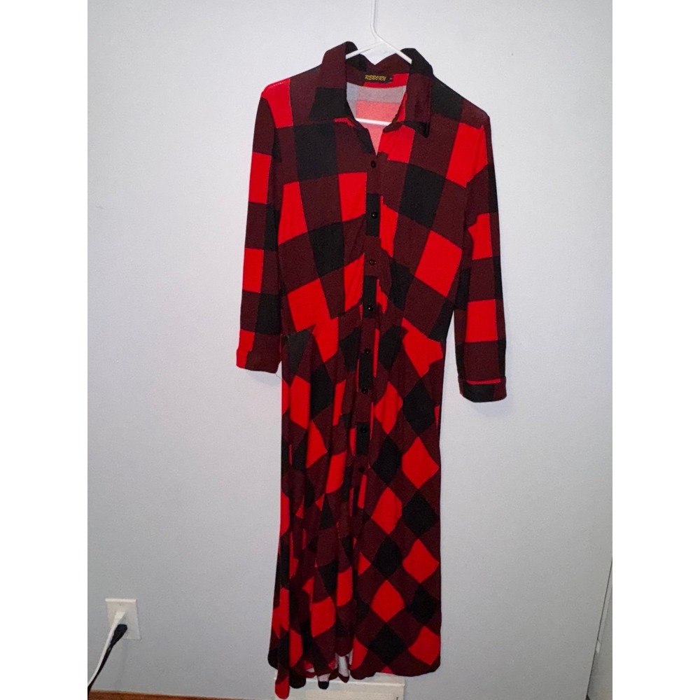 Reborn Women's Black &‎ Red Plaid Duster Maxi Dress - Picture 3 of 10